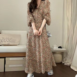 Ebbgo  Korean Spring French Elegant floral prints Dresses for Women's Dress 2024 New Skinny V-neck Full Puff Sleeves Maxi Dress Woman