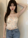 Ebbgo  Chiffon Kawaii Sweet Vest Women Slim Korean Vintage Ruffles Tank Tops Female Off Shoulder Designer Sexy Halter Top  Summer