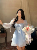 Ebbgo  -  Sweet Kawaii Mini Dress Vintage Korean Elegant Fashion Party Dress Women Fairy Princess Puff Sleeve Chic Summer Prom Dress