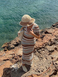 Ebbgo   -  Women Elegant Striped Crochet Knitted Dress V-neck Short Sleeve Bodycon Robe Summer Holiday Beach Hip Package Slim Vestidos