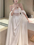 Ebbgo  -  French Romantic White Wedding Dress Elegant Hollow Out Backless Evening Party Dresses Women Summer Off Shoulder Robe Mujers