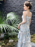 Ebbgo  -  Satin Blue Printed Slip Dress Floral Women Summer Elegant Ruffled Dress robe maxi elegante vestidos de cerimonia para casamentos