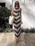 Ebbgo  -  Striped Knitted Tassels Long Dress For Women Sleeveless Contrasting O-neck Bodycon Holiday Dresses Female Spring Streetwear