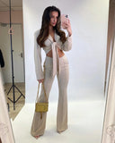 Ebbgo  -  Sexy Strap Long Sleeved Shoulder Padded Suit Top Tight Flare Pants Set Spring/Summer New Two Piece Set