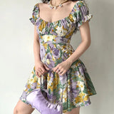 Ebbgo  -  Summer New Large French Retro Oil Painting Flower Bubble Sleeves Short Sleeved Dress with Back Strap Short Skirt