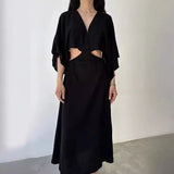 Ebbgo  -  Cotton Linen V-neck Party Dress Elegant V-neck Split Backless Hollow Solid Long Dress Women Casual Bat Sleeve Loose Maxi Dresses