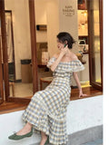 Ebbgo   Summer Elegant Plaid Lace Up Long Dress Vintage Lace Ruffles Slash Neck Holiday Beach Dress Korean Y2k Casual Party Dress