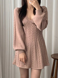 Ebbgo  -  V-neck Dress Women Casual Twist Fashion Vintage Solid Knit Dresses Female Spring Long Sleeves Korean Knitwears Lady