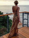 Ebbgo  - Summer Leopard Sexy See Through Dress Maxi Backless Sheer Beach Dress Lace Up Elegant Floor Length Holiday Dress