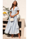 Ebbgo   V-neck Yellow Puff Sleeve Split Solid Summer Women Dress 2024 A-line Maxi Long Sundress Vestido Button Beach Dress Party