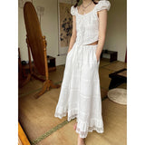 Ebbgo  2024 Summer French Sweet Long Dress Lace Splicing Skirts for Woman New Niche Drawstring A-line Skirt Female Faldas White Mujeres