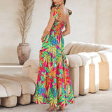 Ebbgo  -  Vintage Printed Bohemian Women Suspender Dress Sexy Slash Neck Pleat A-Line Maxi Dress Summer Lady Beach Holiday Chic Robe