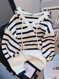 Ebbgo  -  Women Sweater Fashion Stripe Loose Hooded Knitting Sweaters Vintage Long Sleeve Female Pullover Tops