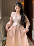 Ebbgo  -  French Pink Vintage Dress Woman Princess Fake Two Pieces Dress Female Casual Lace Long Sleeve Elegant Party Midi Dresses