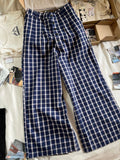 Ebbgo  -  Blue Plaid Casual Straight Pants Summer Cotton High Waist Buttons Pockets Baggy Trousers Women Streetwear Vintage Wide Leg Pants