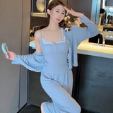 Ebbgo  3 Piece Modal Pajamas Set Female Lace Sleepwear Lingerie Spring Autumn Pijamas Suit Women Long Sleeve Nightsuits Home Clothes