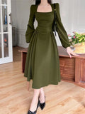 Ebbgo  Korean Style Spring A-Line Dress For Women 2023 New Square Collar Puff Sleeve Mini Dresses Casual Elegant Ladies Robe