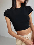 Ebbgo  Cotton Crop Tops T shirt Women  Female Summer Cropped Bodycon T-Shirts Fashion O-neck White y2t Tshirt Sexy Short Tees