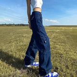 Ebbgo  American Vintage Blue Cargo Jeans Fashion High Waist Pocket Straight Pants High Street Y2K Baggy Wide Leg Denim Trouser Autumn