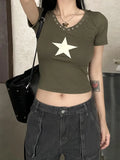 Ebbgo  2024 Summer New Vintage Green V-neck T-shirts Sexy Crop Top Slim Fit Tops Women Y2k Grunge Hoodie Short Sleeve Tee Shirt