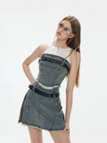 Ebbgo  -  Women's Summer Sexy 2 pcs Sets Off Shoulder Denim Tops+High Waist Pleated Jean Skirt Set