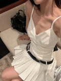 Ebbgo  Fashion Sexy Sleeveless A-line Vestidos Mujer Summer New White Strap Dresses Y2k E-Girl High Waist Ruched Dress for Women