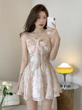 Ebbgo  Chiffon Print Korean Fashion Dress Women Backless Vintage Sweet Party Mini Dress Female Holiday Sleeveless Fairy Sexy Dress