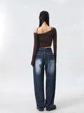 Ebbgo   American Vintage Washed Blue White Denim Pants Summer High Waist Straight Trousers Y2k Grunge Loose Wide Leg  Women