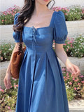 Ebbgo  2024 Summer Vintage Slim Dress Women Causal Short Sleeve Y2k Midi Dress Female Elegant Solid Party Dress Korean Fashion Chic