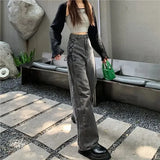 Ebbgo  High Waist Shot Trousers Gray Women's Jeans with Pockets Pants for Woman Straight Leg Cool 2024 Korean Style Xxl Summer Basics R