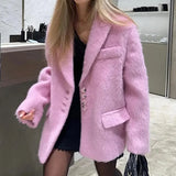 Ebbgo  Polo Collar Solid Color Plush Coat For Women Spring Long Sleeved Single Breasted Loose Coat Elegant Double Pocket Warm Fur Coat