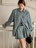 Ebbgo  Blue Jeanswear Two Pieces Sets Women New Slim Fashion Loose Denim Coats Summer OL Retro Pleated Mini Skirts Suits