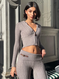 Ebbgo  -  -Women's Knitted Zipper Crop Hooded Sweater and Flare Pants Set, Long Sleeve, Woolen Cardigan, Spliced PU Trousers, Slim