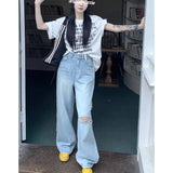 Ebbgo  Women's Clothing Blue Denim Jeans High Waisted Vintage American Style Straight Wide Leg Pants 2023 NEW Female Chic Pants