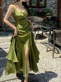 Ebbgo   Summer Women Long Satin Dress Sleeveless Sexy Backless Silk Slit Ruffle Maxi Beach robe Party dresses evening dresses