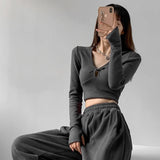 Ebbgo   Sexy Long Sleeve T Shirt Streetwear Y2k Clothes Knit Crop Top Korean Fashion Spring Autumn Short Skinny Tshirt