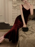 Ebbgo  -  Evening Party Prom Long Dress Women Solid Velvet Sleeveless Wrap Hip Mermaid Dresses French Elegant New Fashion Vestidos Mujer