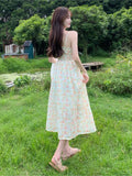 Ebbgo   Summer French Elegant Lace-up Floral Midi Dress Women Beach Vintage Strap Dresses Lady Korean Sweet Fairy Party Dress Chic