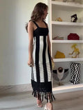 Ebbgo  -  Knitted Tassel Long Dress Women Striped Hollow Out Slim Sling Party Dresses Elegant Sleeveless Backless Lady Beach Robes