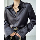 Ebbgo  Stylish Loose Women Striped Shirts 2023 Autumn Long Sleeve Single-breasted Female Satin Blouses Ladies Tops