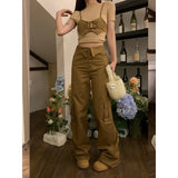 Ebbgo  Women Vintage Brown Cargo Jeans Straight High Waist Wide Leg Pants Casual Self Cultivation Baggy Denim Trouser Ladies Summer