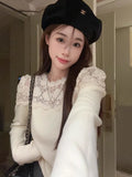 Ebbgo  Sweet Lace Patchwork Knitwear Women Korean O-neck Print Patchwork Elastic Slim Chic temperament Spring Female Pullover Sweater