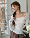 Ebbgo  -  Slash Neck T-shirts Women Slim Sexy Korean Style Popular Chic New Cropped Gentle Cozy Folds Designed  Top