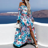 Ebbgo  -  Summer Fashion Boho Print Maxi Beach Dress Women Off Shoulder Long Sleeve Dress Sexy Skinny Slash Neck Party Dress Vestidos