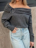 Ebbgo  Women Sweater Off Shoulder Knitted Pullovers Female Vintage Fashion Slash Neck Jumpers Lady Elegant High Street Pleated Sweaters