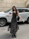 Ebbgo  -  Lace Splicing Suspenders Floral Dress Women's New Temperament Chic Design Slim Fit Long Skirt Holiday Style Fashion Dress