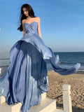 Ebbgo  -  Blue Birthday Adult Ceremony Dress Banquet Women's Elegant Tube Top High-Grade Bridesmaid