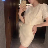 Ebbgo  Temperament Celebrity Top Skirt Two-piece Set Women Round Neck Single Breasted Patchwork Solid Slim Sweet Summer Chic Lady Suit