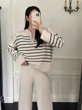 Ebbgo  -  Korean O-neck Striped Lapel Long Sleeve Pullover Women Sweater+high Waist Wide Leg Pants Two Piece Set Autumn Winter Streetwear