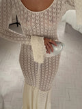 Ebbgo   -  Sexy Knit Beach Long Dress Women Hollow-Out O-Neck Full Flare Sleeve Bikini Cover-Ups Dresses Fall Backless Holiday Party Robe